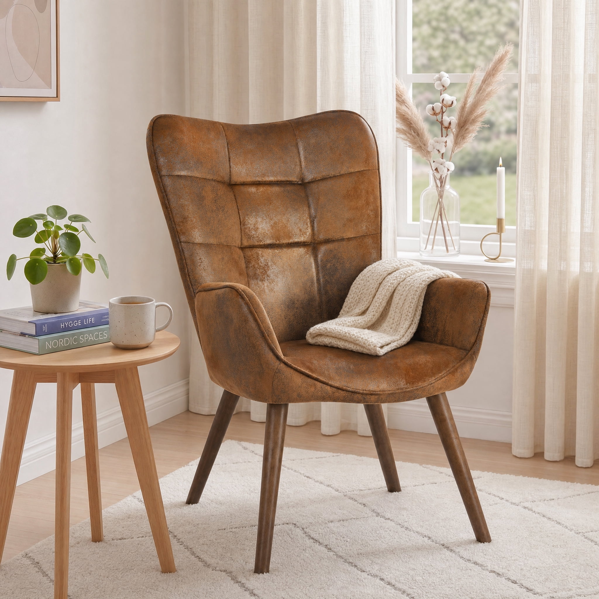 Homy Casa Brown Accent Chair, Faux Leather Wingback Armchair with Wood Legs for Lounge