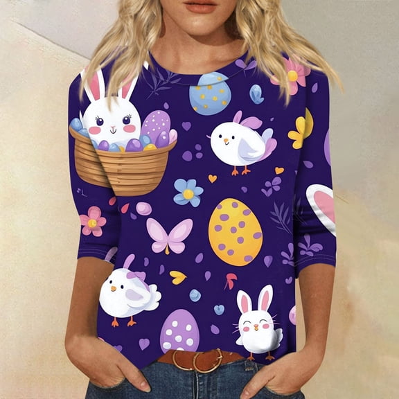 HAVUITYY Easter 3/4 Sleeve Sweater for Womens, Cute Bunny Eggs Pattern Crew-neck T-Shirts, Spring Oversized Casual Tops
