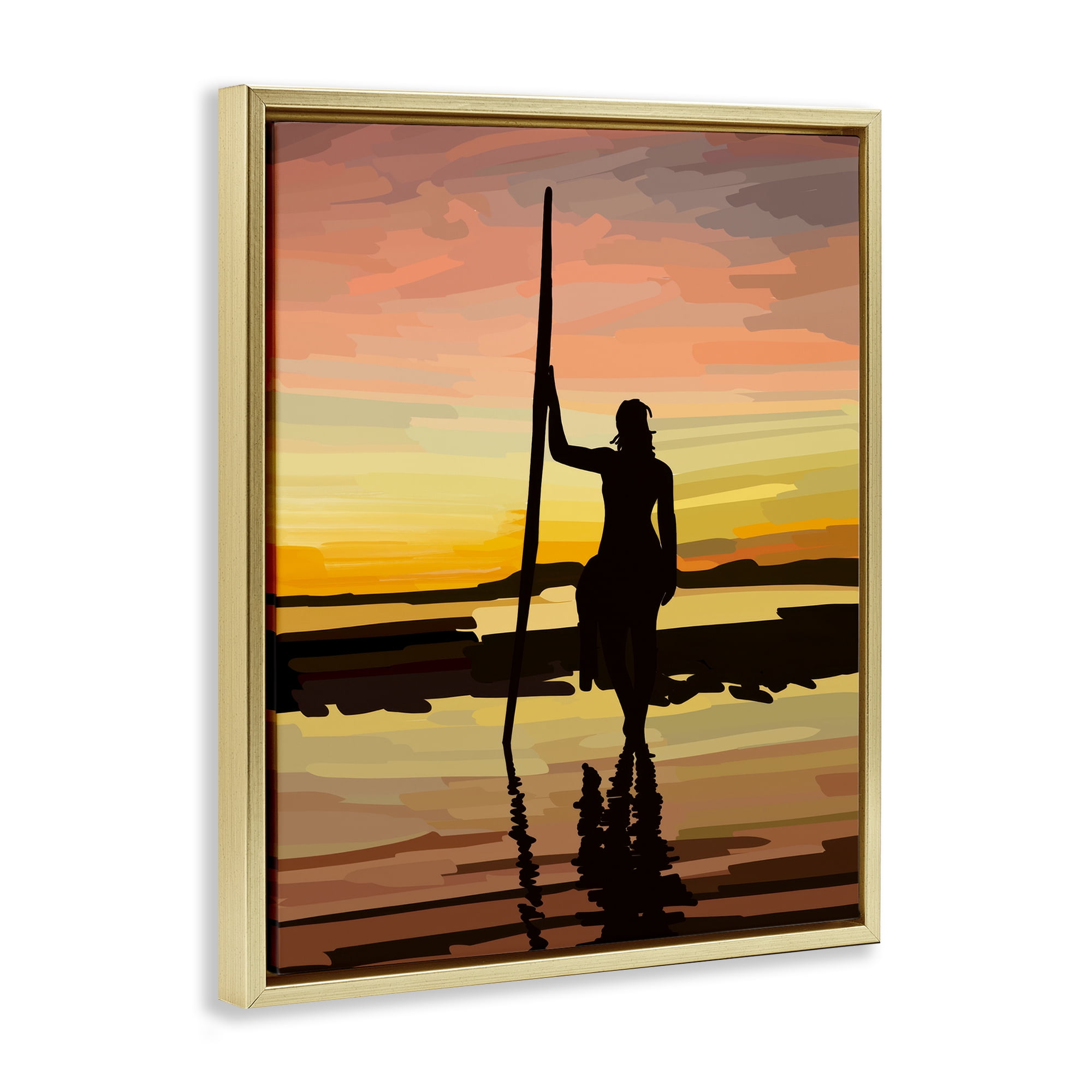 Stupell Industries Sunset Surfer Silhouette Nautical & Beach Painting Gold Floater Framed Canvas Art Print Wall Art, 25 x 31