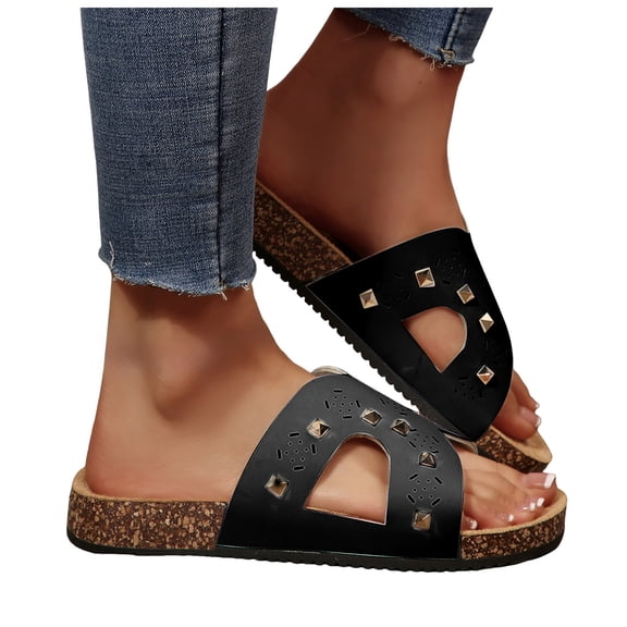 Womens Cork Footbed Slide Sandals with Arch Support Trendy Studded Hollow out Comfy Summer Slip on Flat Shoes Black Size 8