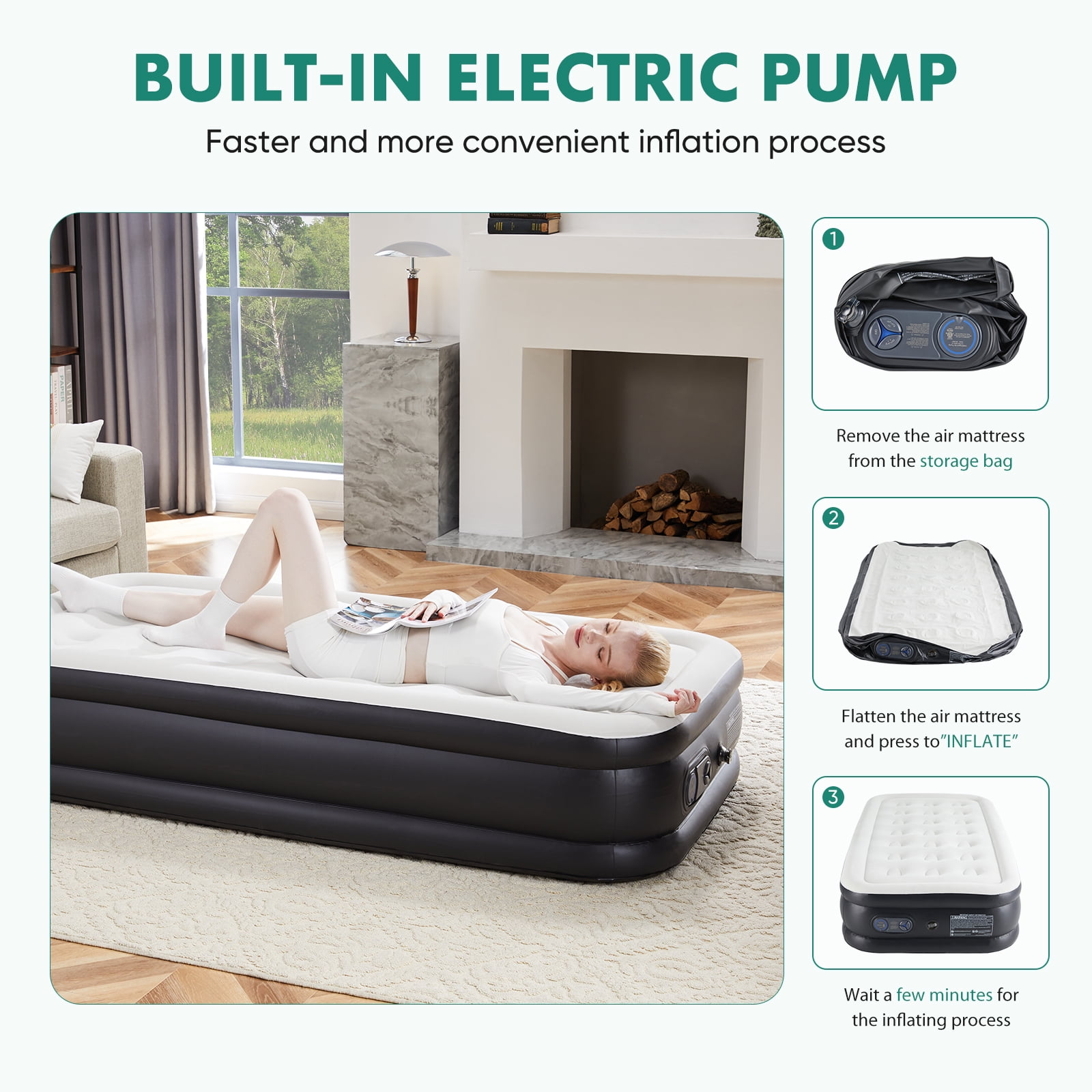 GIANNA Twin Size 16" Air Mattress, Inflatable Bed with Built-in Pump, Quick Setup & Comfortable Support for Home and Travel