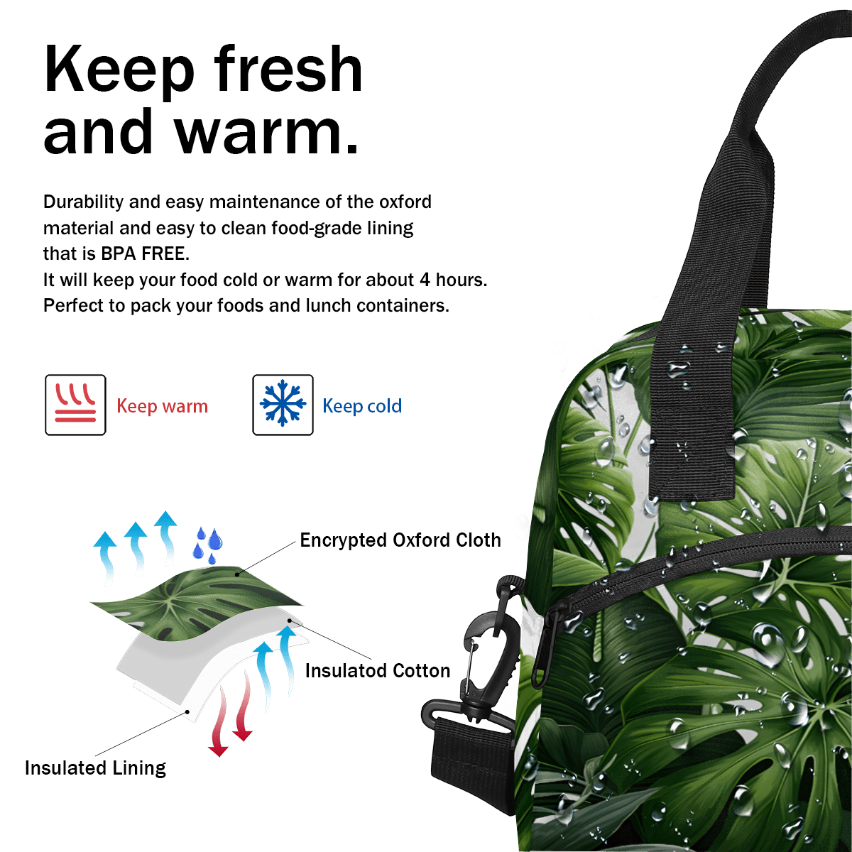 Herdesigns Tropical Green Plant Leaf Insulated Lunch Bag for Women Men Adults Large Reusable Lunch Box Botanical Jungle Design Leakproof Cooler Tote Bags with Adjustable Shoulder Strap