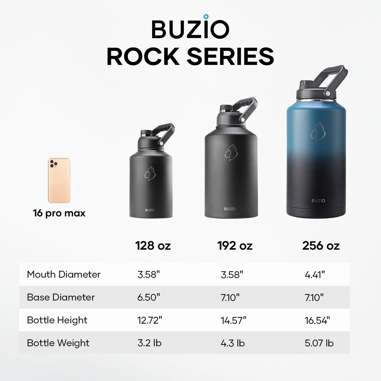 BUZIO 128oz One Gallon Insulated Large Stainless Steel Big Wide Mouth Water Jug Flask Water Bottle with Carrying Sleeve,Black Gray
