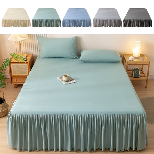Falda de cama de color sólido | Colcha ajustada de algodón de poliéster lavado con borde con volantes | Funda protectora de colchón elástica antideslizante | A prueba de suciedad | 150x200cm | Verde