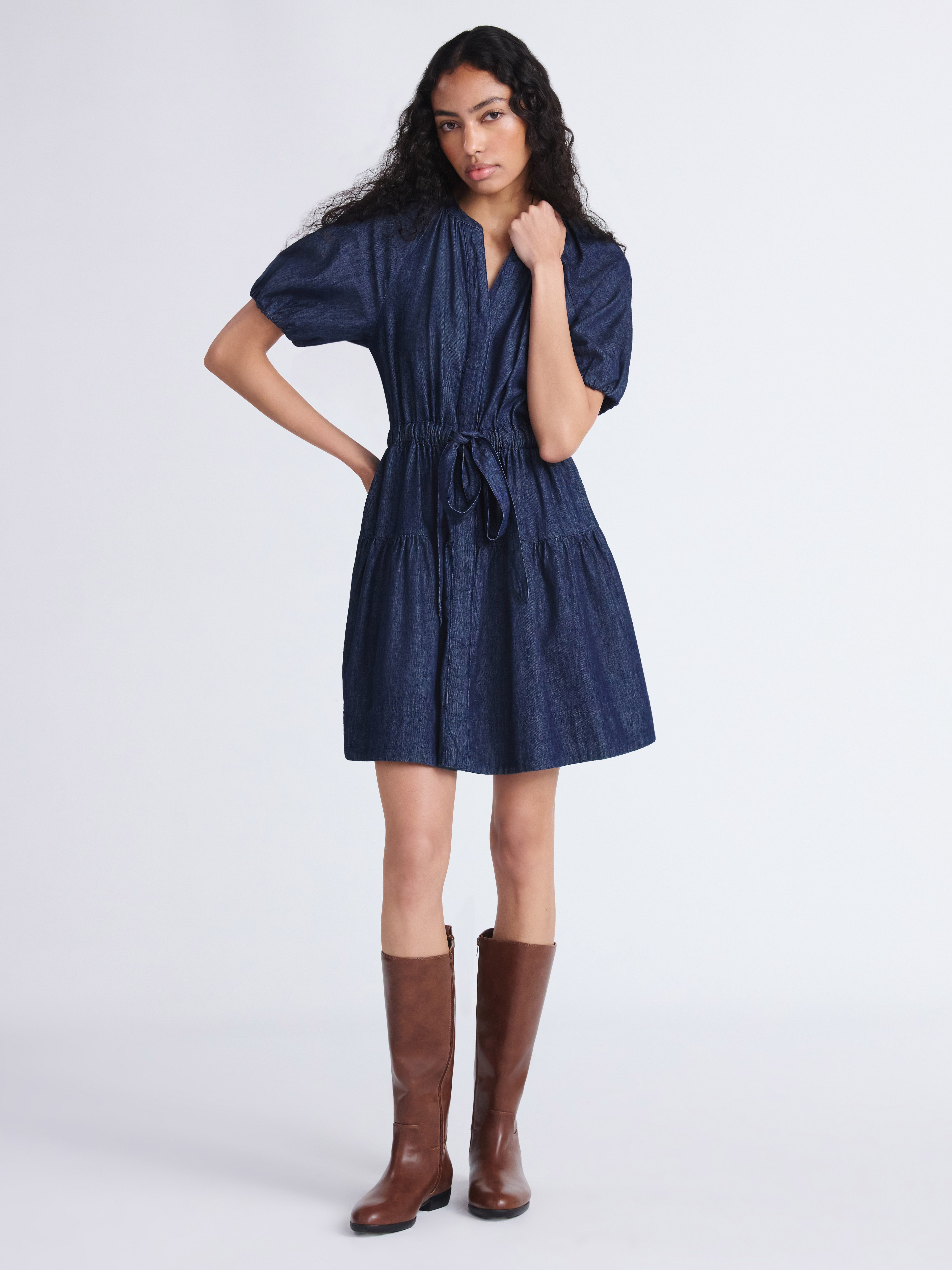 Free Assembly Women's Denim Tiered Mini Dress with Puff Sleeves, Sizes XS-XXL