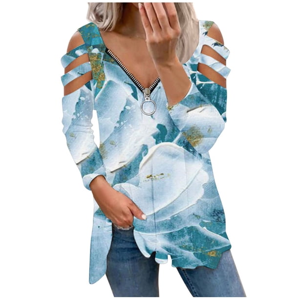 Camiseta suelta estampada a la moda para mujer Blusa de manga larga con cuello en V Tops casuales Pompotops FGAJ14818