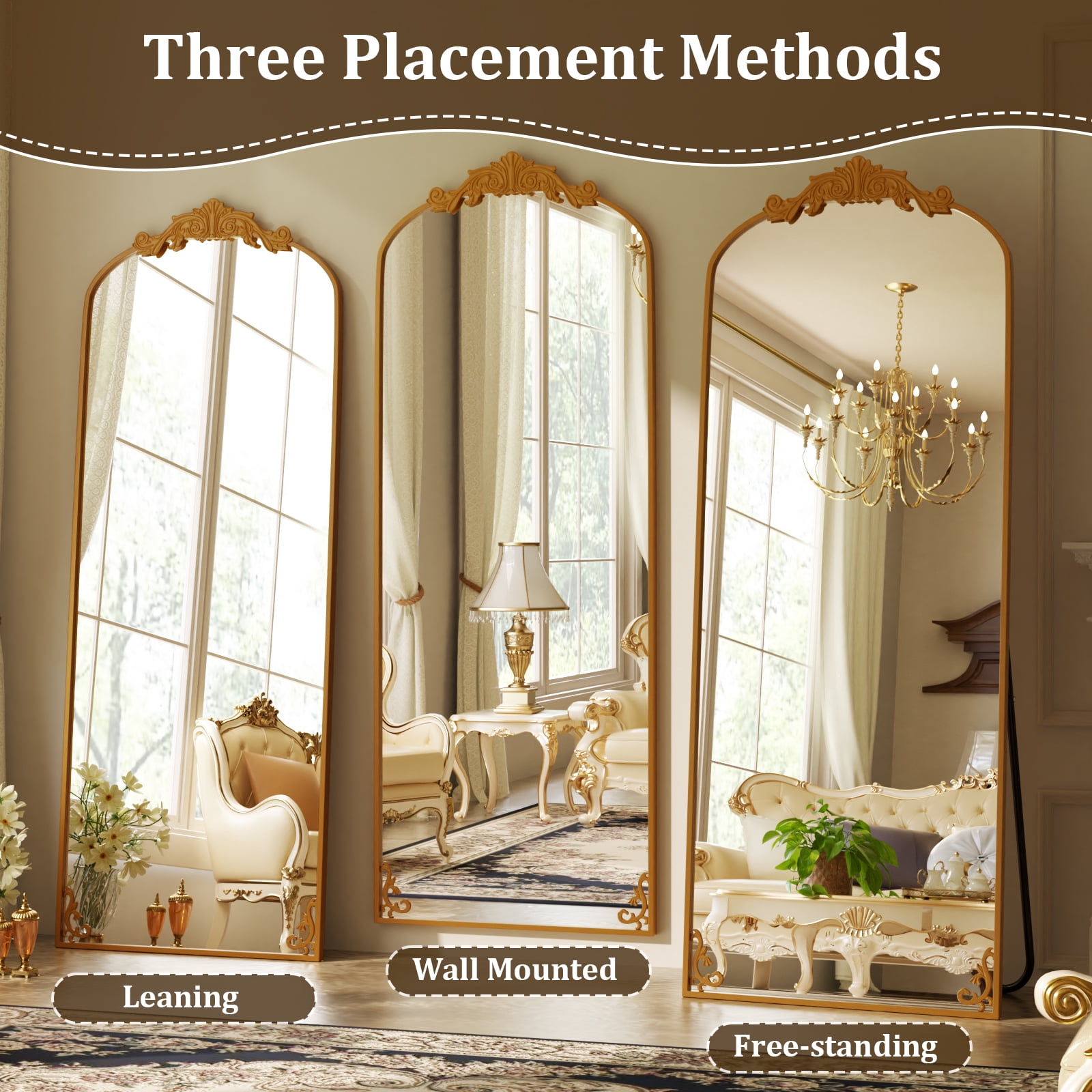 Mirstory 64"x 21" Full Length Mirror Vintage Arched Full Body Mirror with Carved Metal Frame, Gold