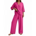 thumbnail image 2 of BRELIL Women Plus Size V Neck 3/4 Sleeve Shirt Wide Leg Pants Two Piece Set Solid Boho Lounge Casual Loose Outfits Travel Vacation, Hot Pink M, 2 of 7