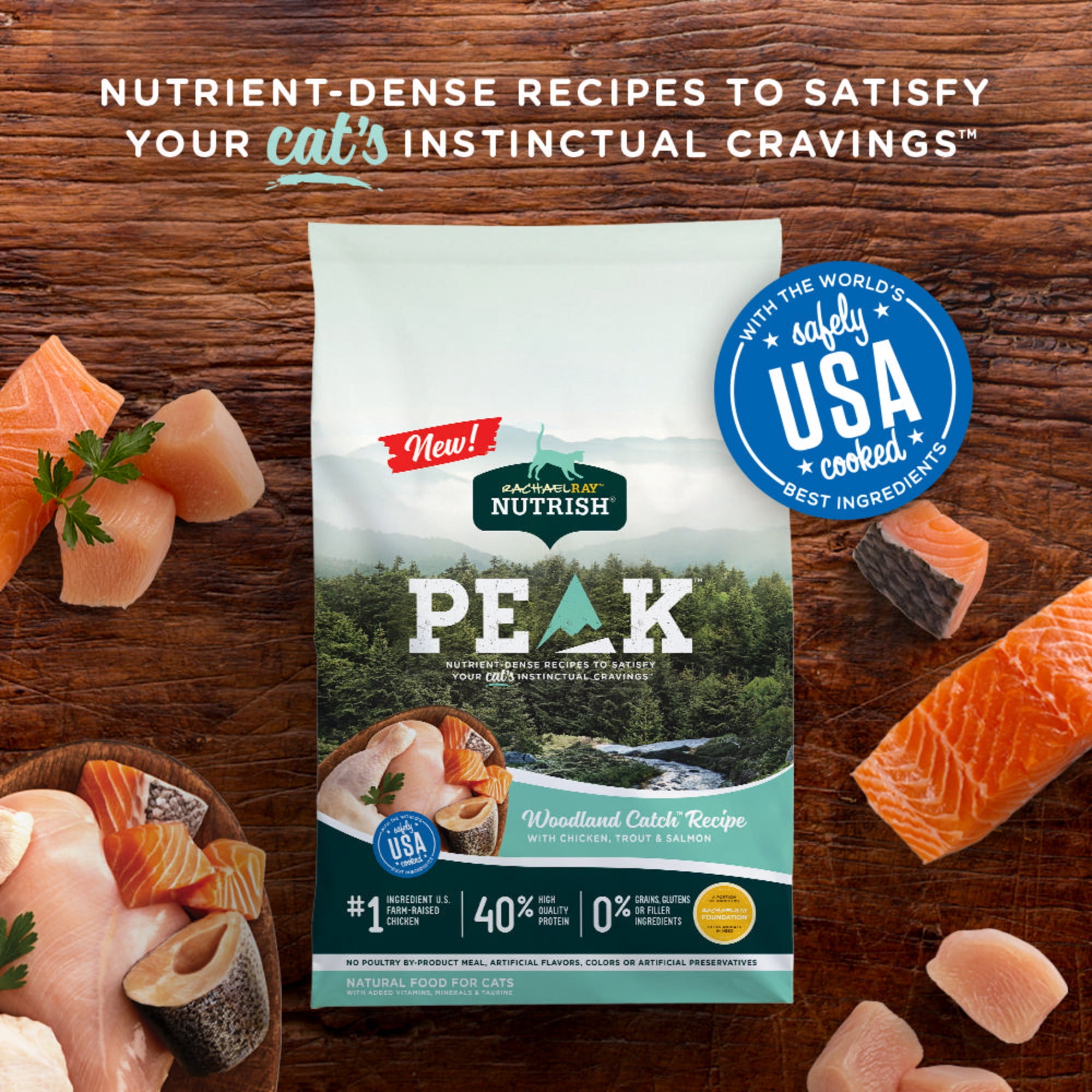Rachael Ray Nutrish PEAK Dry Cat Food, Grain Free Woodland Catch Recipe with Chicken, Trout & Salmon, 12 lbs