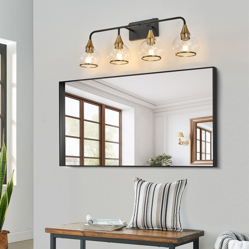 31" Modern Black and Gold 4-Light Bathroom Vanity Light Fixture, Clear Glass Shades Wall Sconce for Mirror, Living Room, or Vanity (Bulbs Not Included)