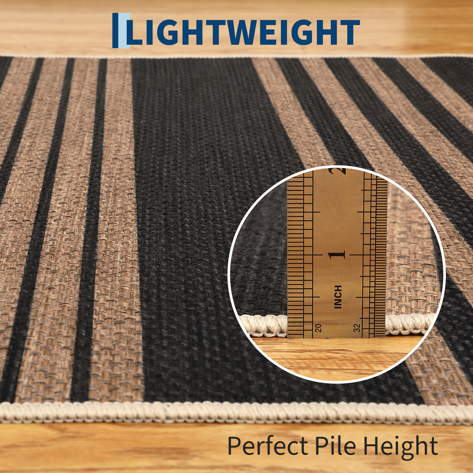 Garvee 4'x6' Modern Striped Area Rugs Easy Jute Rug with Non-Slip Backing, Washable Rug Neutral Print Indoor Outdoor Carpet for Bedroom Living Room Patio, Black Coffee