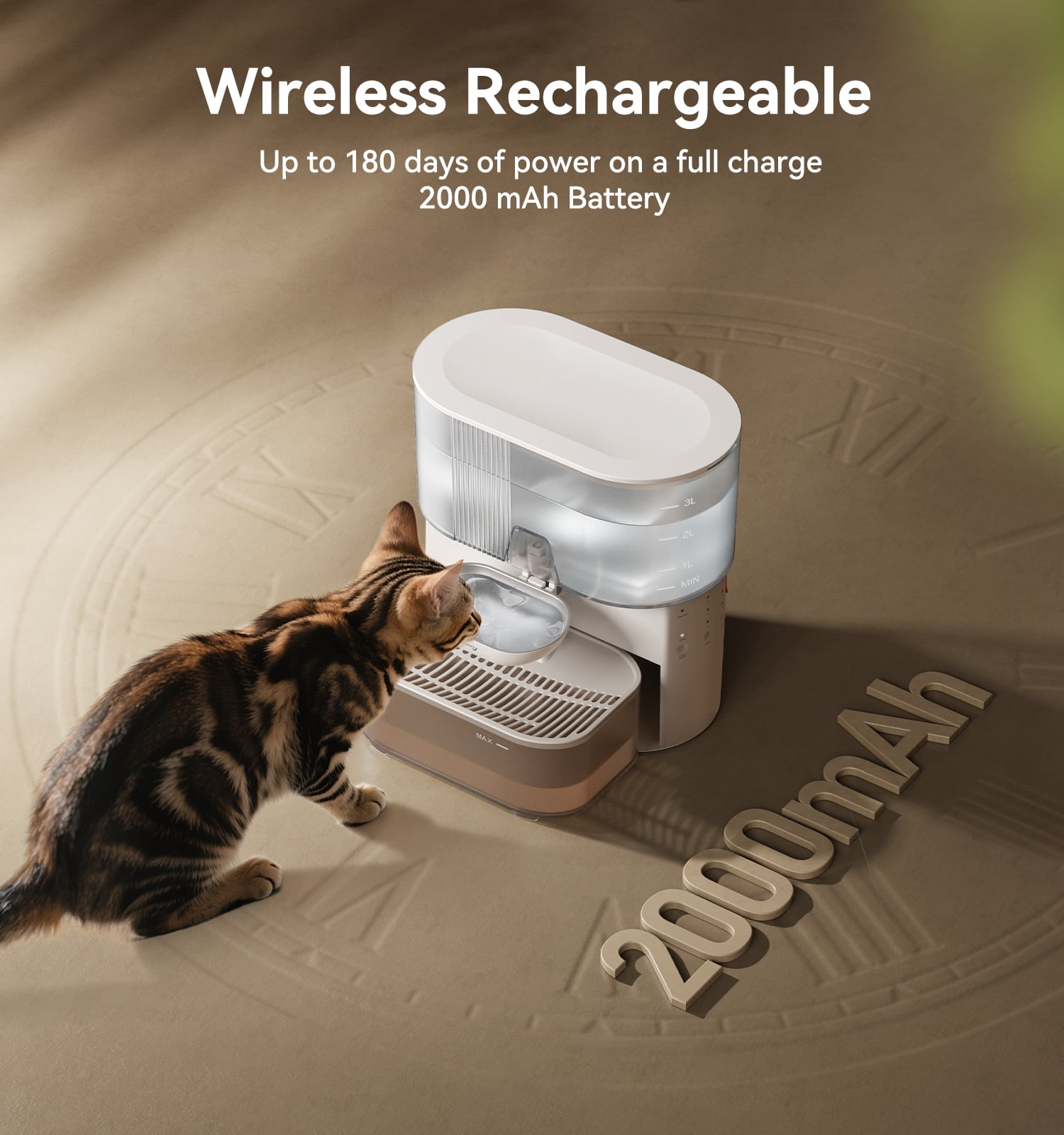FeelNeedy Smart Pet Water Fountain No Filter Needed, 3.5L/118oz Wireless Cat Water Fountain with Stainless Steel Bowl,Rechargeable Automatic Water Dispenser for Cats and Kitten, White