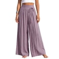 thumbnail image 3 of Women's Cotton Linen High Waist Tie Strap Pleated Wide Leg Pants, Elastic Waist Loose Pocket Resort Trousers, Soft Breathable Summer Bottoms for Travel Daily | TruHer,Purple S, 3 of 7