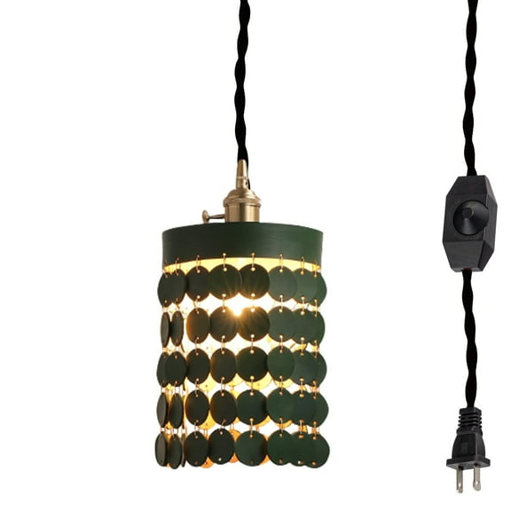 Kiven Plug-in Pendant Light with Dimmable Light Cord (15ft), Brass Socket Pendant Light with Leather Shade Hanging Balcony Pendant Light Without Bulbs - 1 Pack(Green)