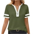 thumbnail image 6 of Fesfesfes Women's Summer T-Shirt Leisure Short Sleeve Contrast Stripe Collar Cuffs V-neck Tops Trendy Breathable Daily Wearing Blouses(Army Green,2XL), 6 of 8
