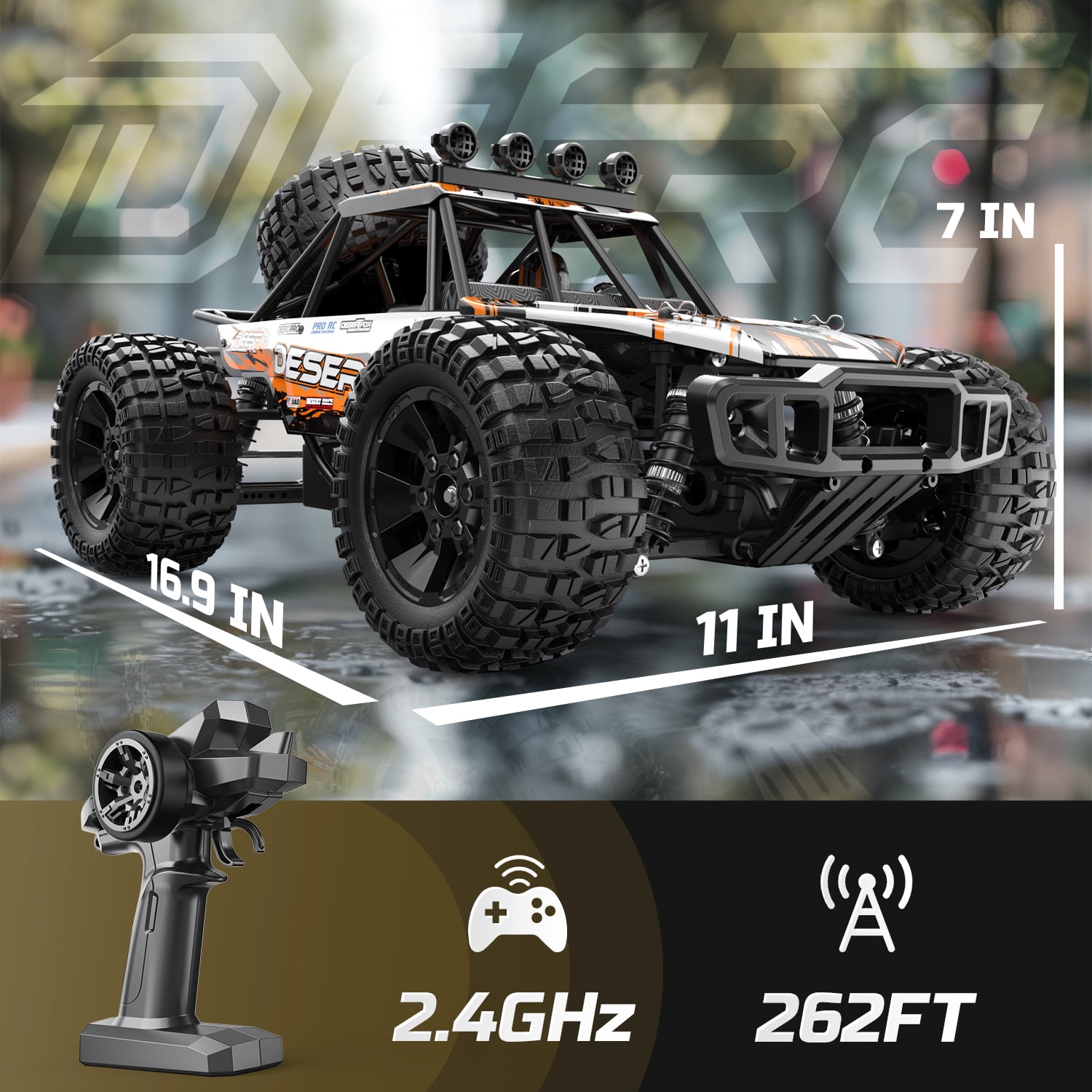 DEERC 1:10 Scale RC Car for Adults & Boys, 48KM/H Speed 4X4 Hobby RC Monster Truck with Lights, 2 Rechargeable Batteries, 2.4 GHz All Terrain Remote Control Car Toys for 30mins Fun