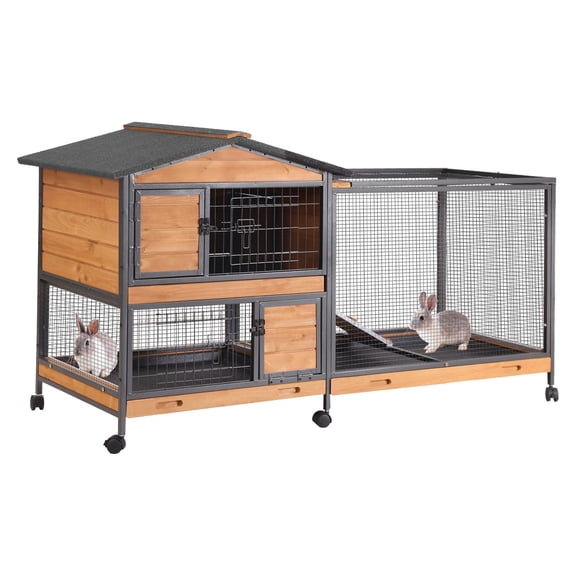 AIVITUVIN 2-Story Rabbit Hutch with Chew-Proof Full Metal Frame for Indoor/Outdoor - 62" Bunny Cage with 6 Locking Casters & 2 Pull-Out Trays for Rabbits, Guinea Pigs, Small Pets (Brown)
