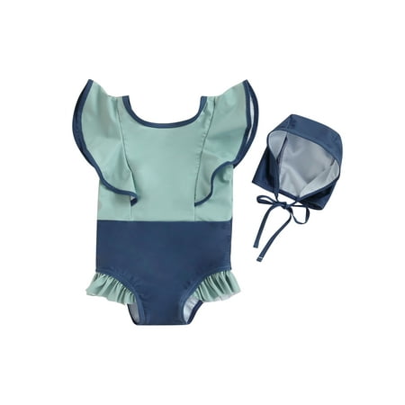 

Canis Baby Kids Girls One-Piece Swimsuit Sleeveless Ruffled Bodysuit Tankini+Hat 2 Piece Bathing Suit