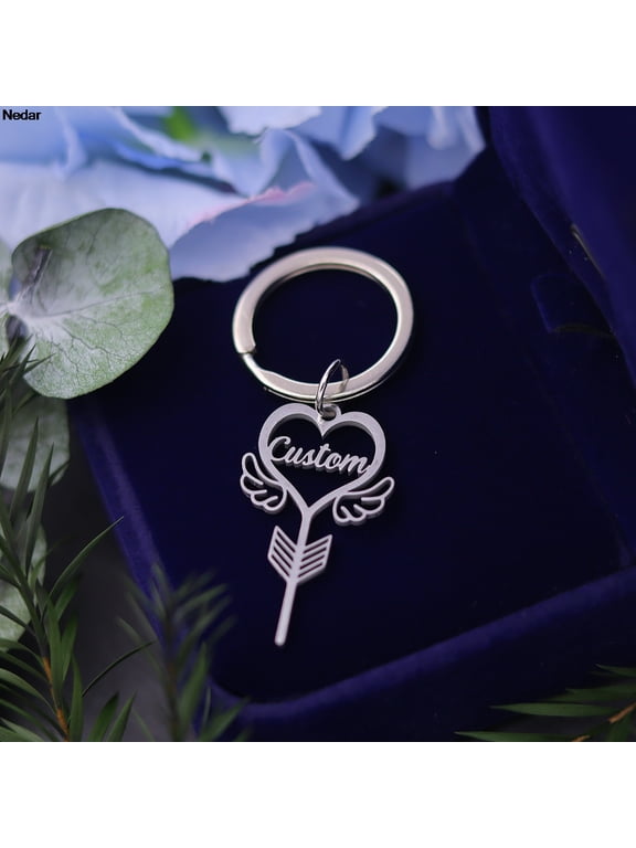 Custom Name Heart Wings Valentine's Day Gift Stainless Steel Key Shaped Keyring Personalized Customized Nameplate Keychain