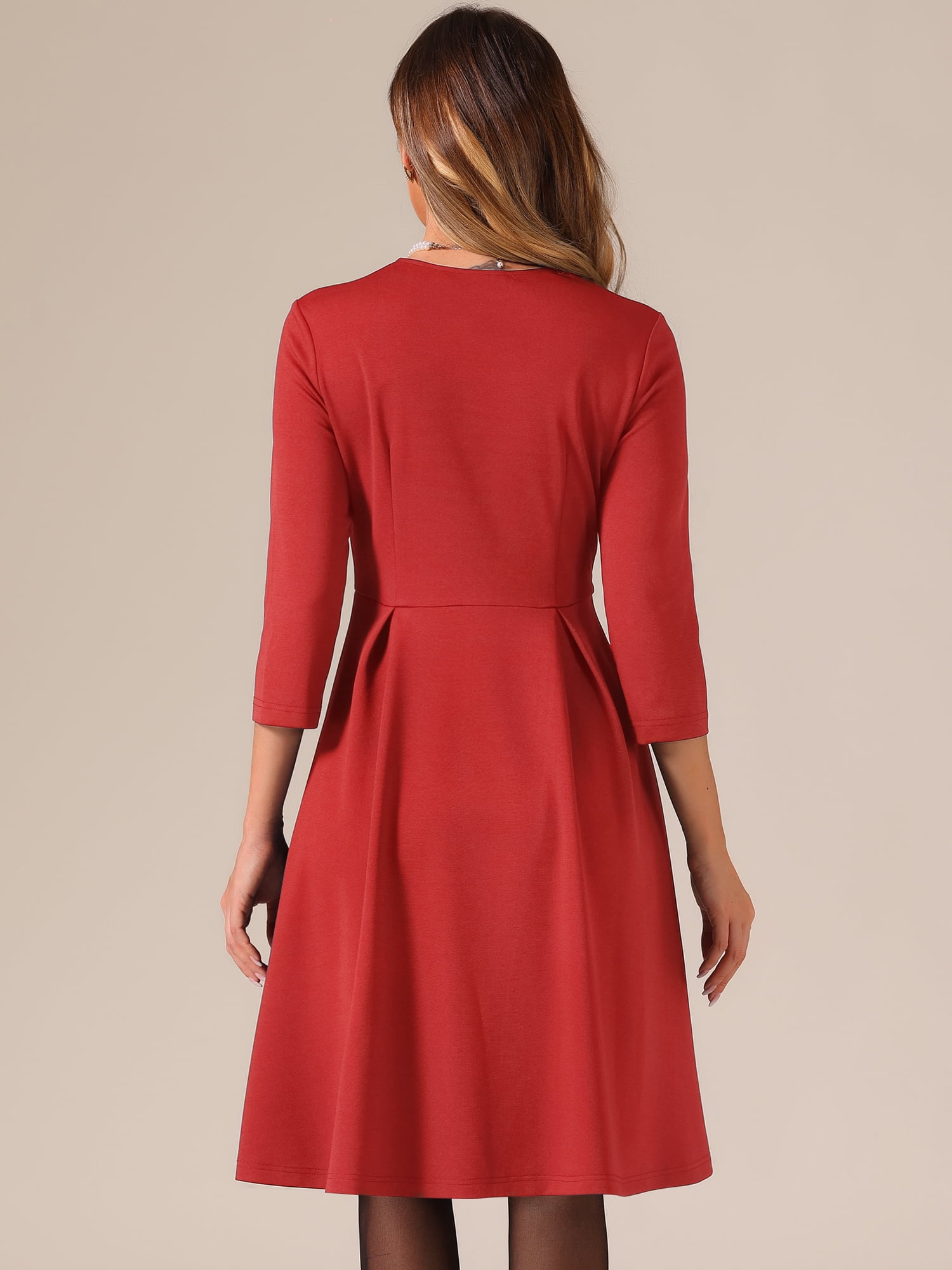 DARING DIVA Women's 3/4 Sleeve High Waist A Line Pleated Midi Dress XS Red