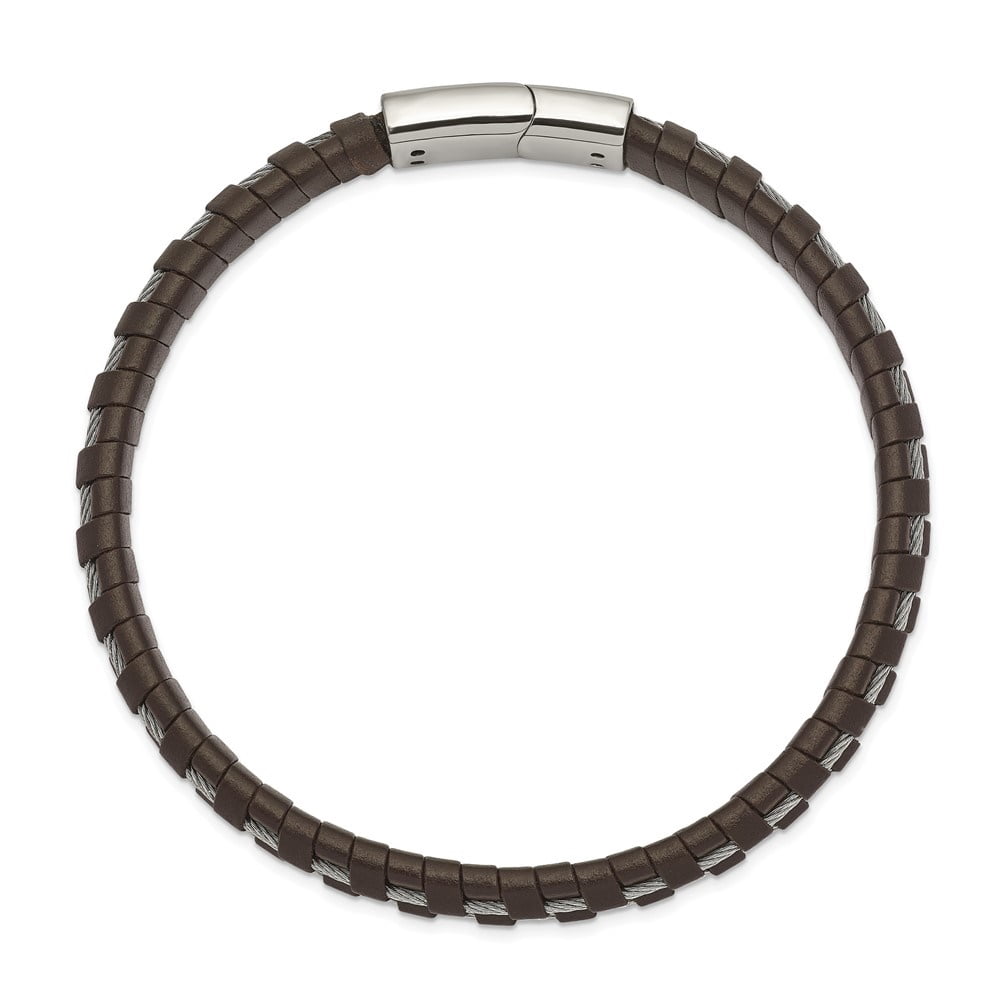 Diamond2Deal Stainless Steel Polished Cable and Brown Leather Bracelet for Men 8.75"
