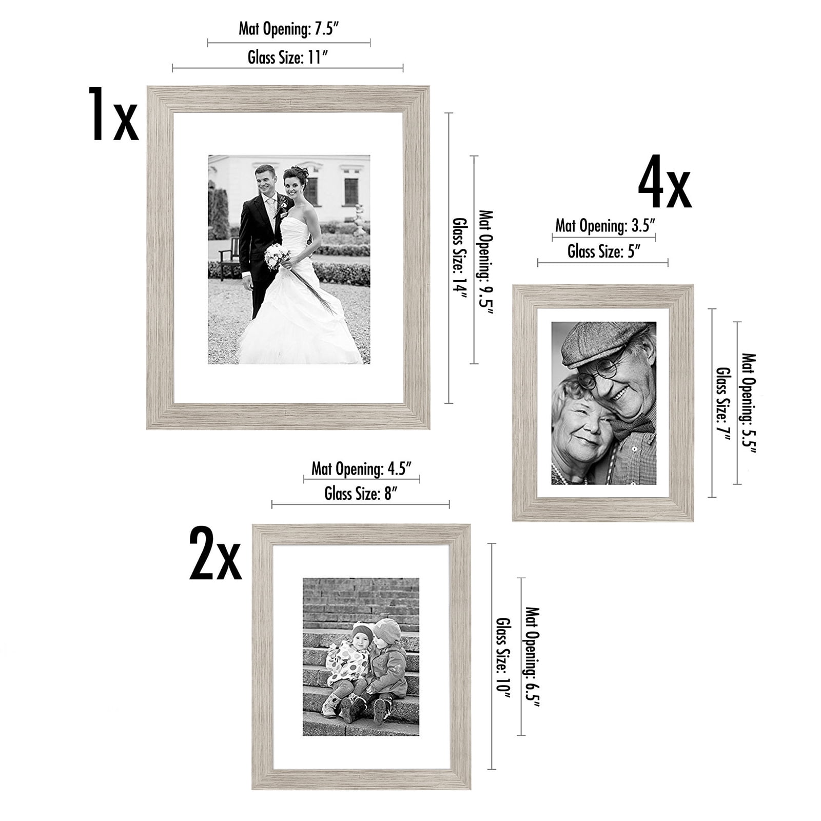 Americanflat Picture Frame Set, 7 Pieces with One 11x14; Two 8x10; and Four 5x7, Driftwood