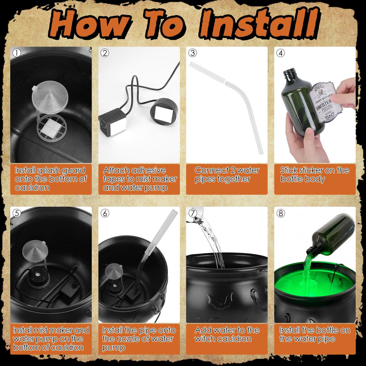 Halloween Witch Cauldron Floating Bottle Set with Green Mist Light USB Powered for Party Decor