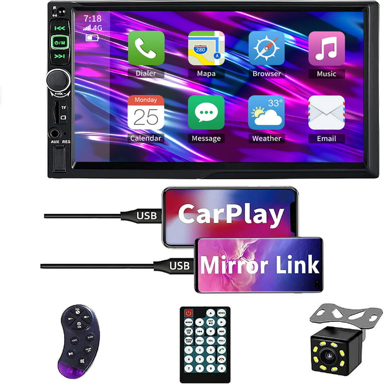 bereik oogopslag les Double Din Car Stereo Audio Receiver Compatible with Apple Carplay and Android  Auto, 7-inch HD Touchscreen with Voice Control, Mirror Link, Backup Camera,  SWC, Bluetooth, AM/FM, USB/AUX Port - Walmart.com