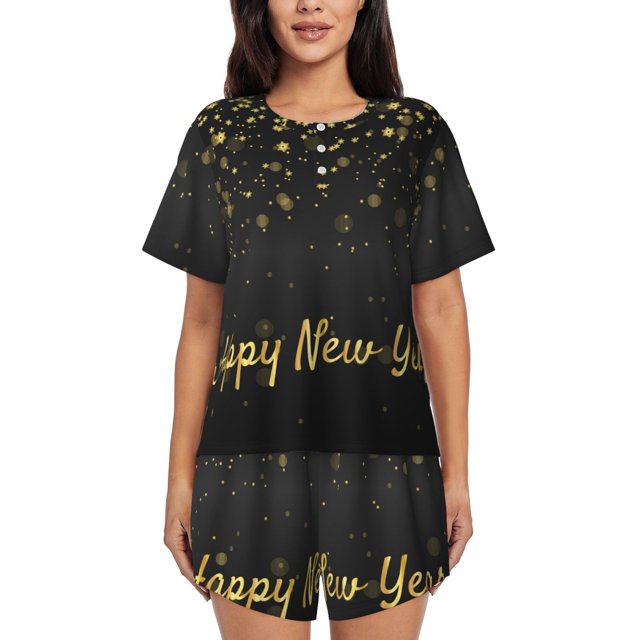 Fotbe Happy New Year Conjunto de Pijama Estampado para Mujer, 2 Piezas, Ropa de Dormir con Camiseta de Manga Corta y Shorts Suaves-X-Large