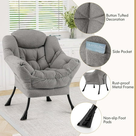 Costway Stylish Large Lazy Chair with Cozy Head Pillow and Seat Armrests - Gray