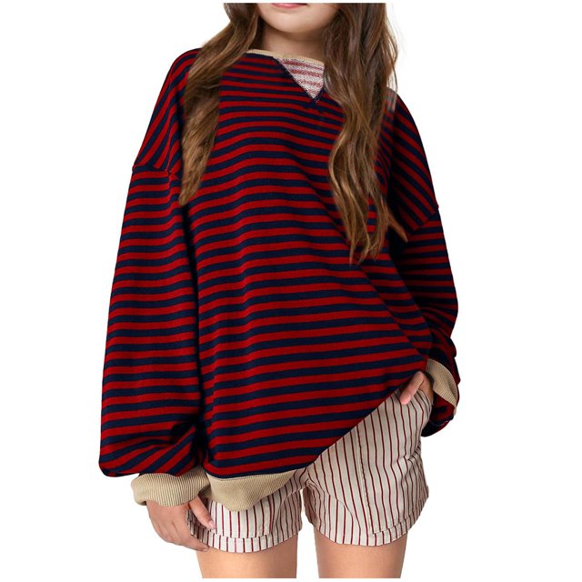 Besolor Girls Oversized Sweatshirts Fall Crewneck Long Sleeve Striped Tops Color Block Pullovers Casual Loose Shirts
