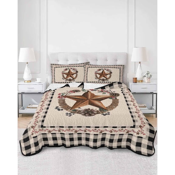 Quilts Queen Size, Farmhouse Soft Comforter Bedding Set for Bed, Country Star Berry Plaid Lodge Grey Brown Lightweight Quilted Bedspread with Pillow Cover(2 Pieces) for All Season, 90x96 Inch