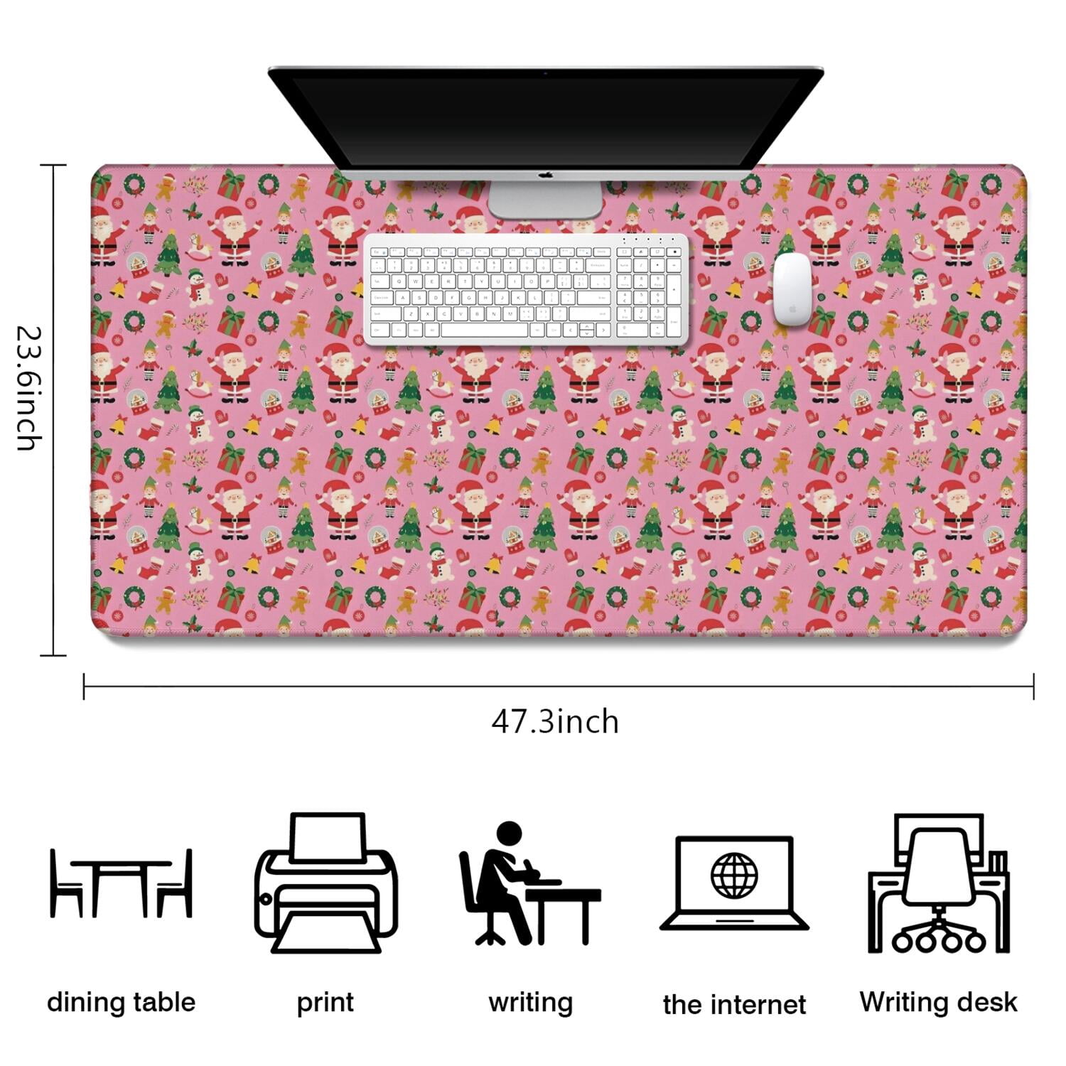 Long Mouse Pads for Desk,Pink Christmas Santa and Tree Pattern Desk Mats on Top Of Desks, Desk Mouse Pad Extra Large with 3mm Non-Slip Base and Stitched Edge for Gaming,Office,Work,Home 47.3x23.6in