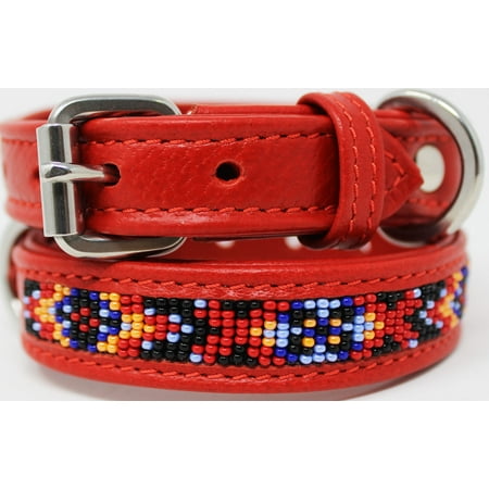 Medium 17 - 21 Soft Genuine Leather Beaded Padded Dog Puppy Collar 60RT09RD