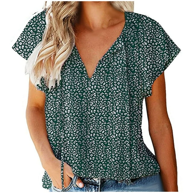 Pompotops Chemise en Chiffon à Col en V Décontractée et Ample à Manches Courtes pour Femmes en Liquidation