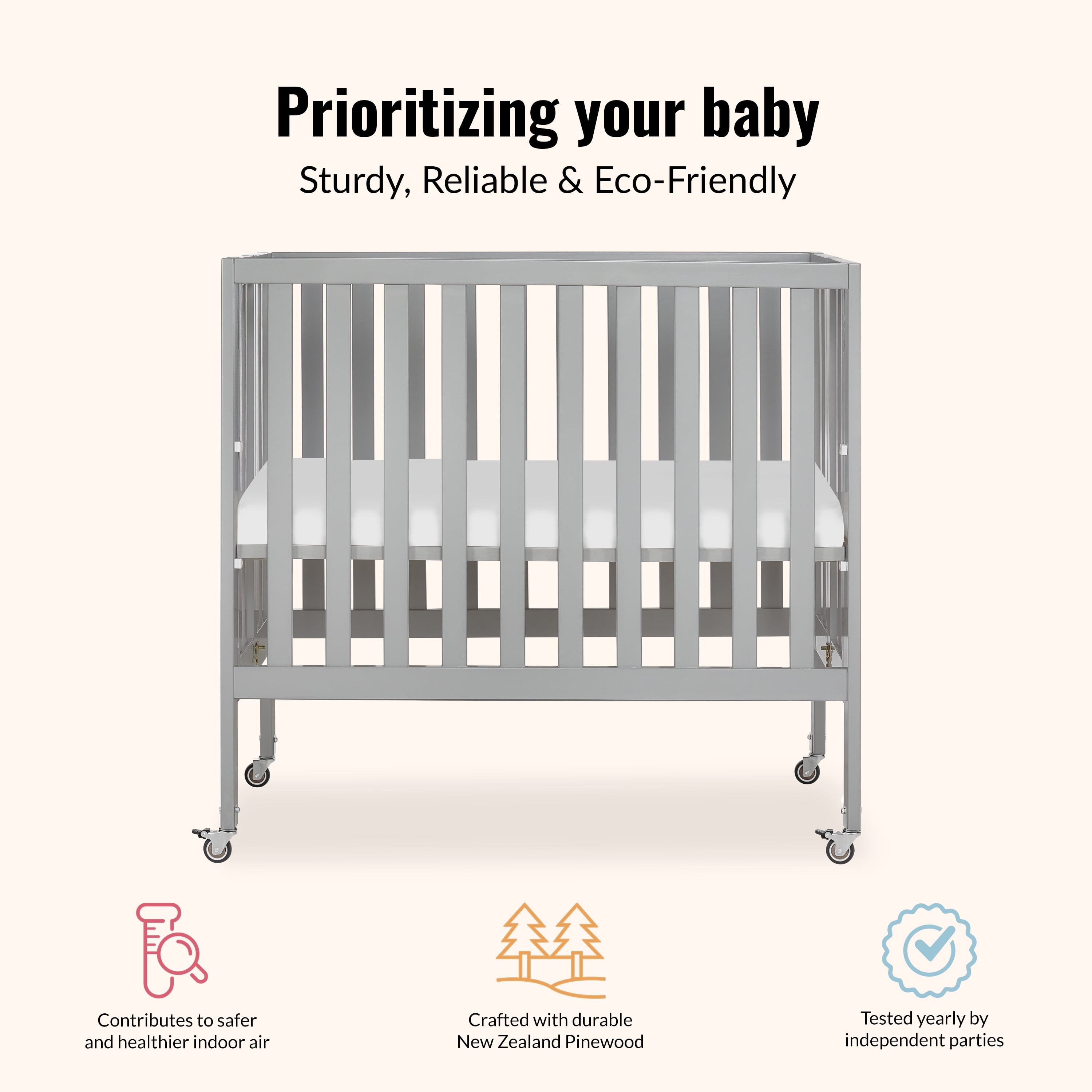 Dream On Me Jett Non-Full Size Folding Crib I Removable Wheels I Modern Nursey I Adjustable Mattress Support I Patent Folding System I Included 2.5” Mattress In Pebble Gray