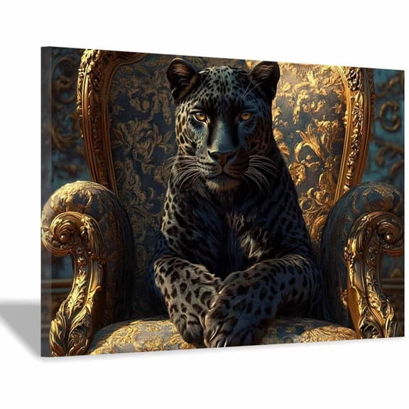 Mudket Framed Panther on Ornate Chair Canvas Wall Art, Regal Leopard Print Wall Decor for Men's Office, Trendy Animal Wall Art Ready to Hang - 12"L x 8"W