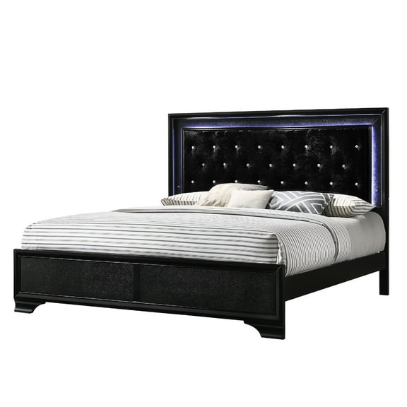 Modern Black King Size Bed With Led Headboard And Diamond Tufting Glamorous Crystal Inlay Upholstered