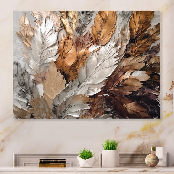 Designart "Feather Extravaganza Gold IV" Glam Feather Metal Wall Art