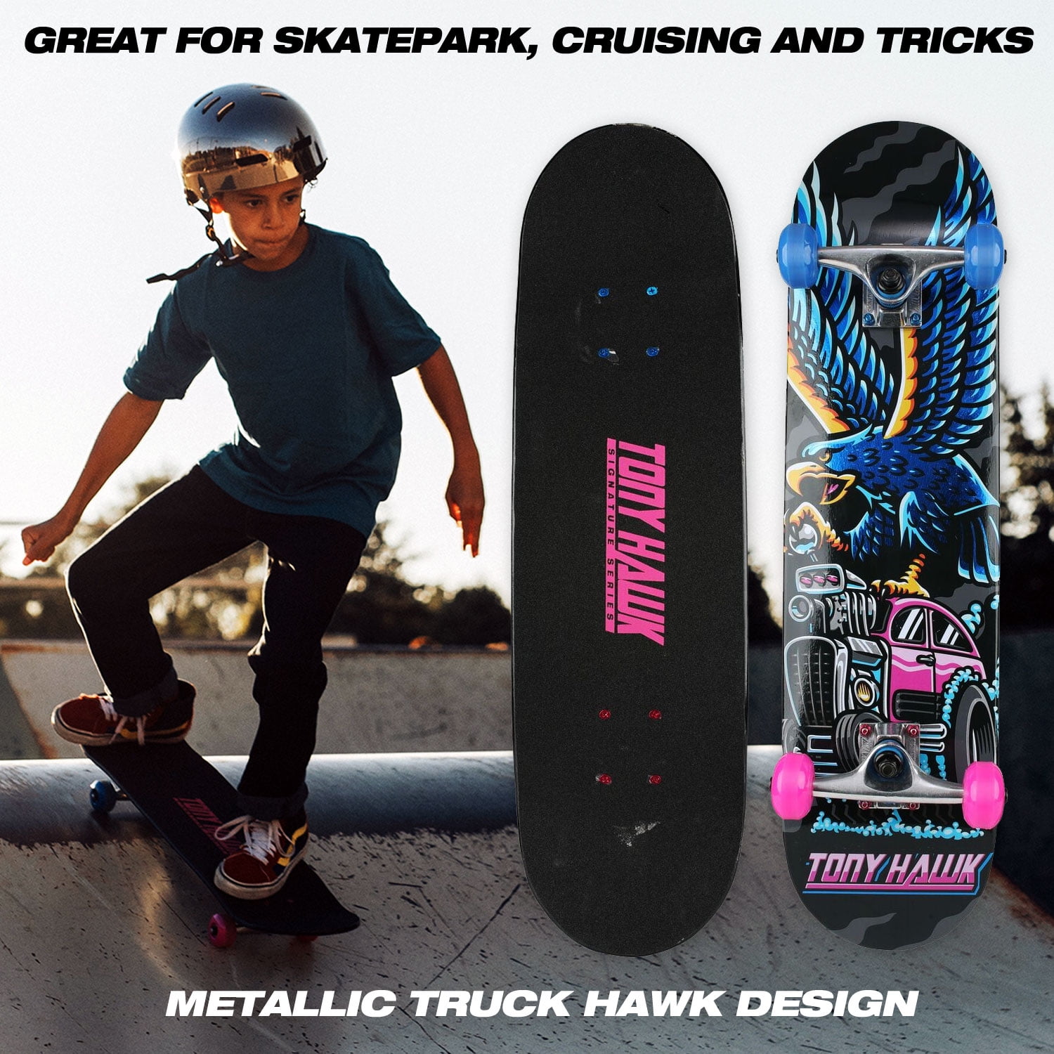 Tony Hawk 31" Popsicle Complete Skateboard with Pro Aluminum Trucks, Truck Hawk, Kids Ages 5+