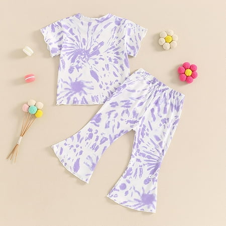 

Children s Summer Suit Girls Tie Dye Round Neck Short Sleeved Top Cropped Trousers Two Set