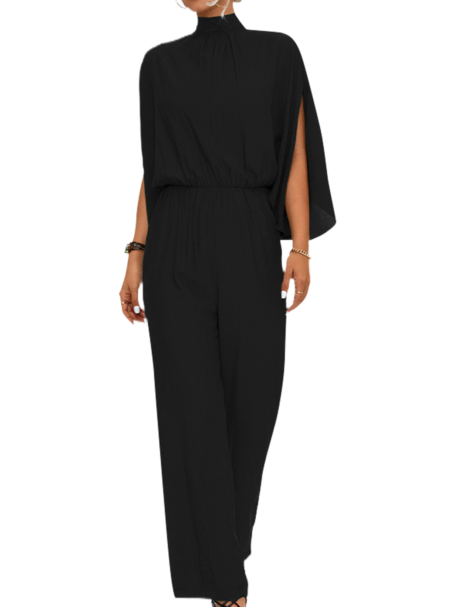 Frontwalk Ladies Jumpsuits 3/4 Sleeve Long Pants Stand Collar Romper