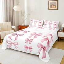 Feelyou Dreamy Pink Bow Twin Sheet Sets for Girls, Cartoon Bowknot Twin Fitted Sheet, Cute Princess Cartoon Flat Sheet, Luxury Bedroom Decor, 3 Pieces