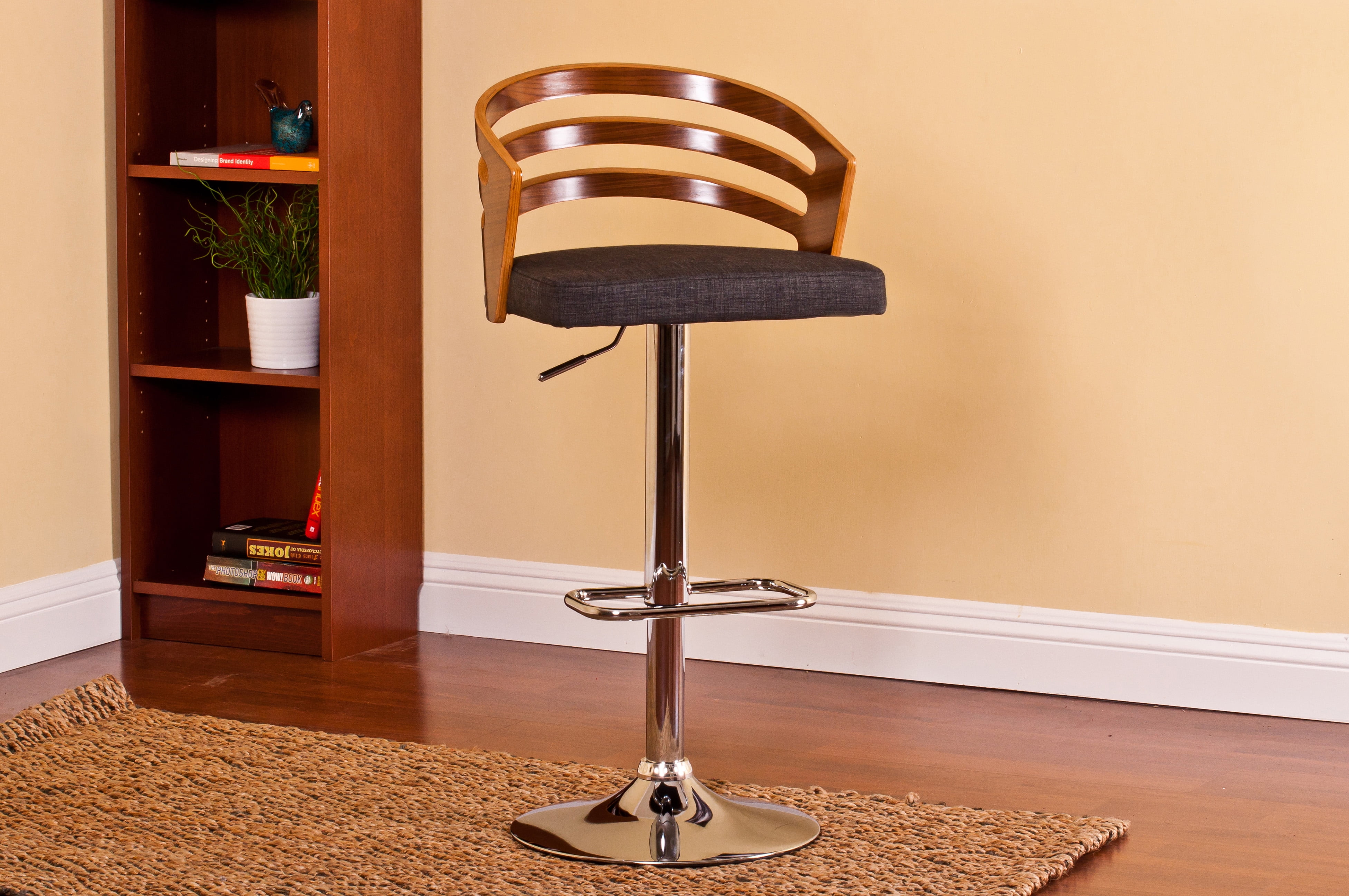 Modern Wood Back and Fabric Adjustable Swivel Bar Stool with Cushion, Black