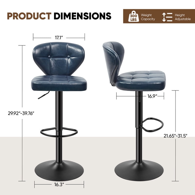 Hawsaiy Vintage Style Leather Bar Stool Set of 4 with Button-Tufted Design,Blue