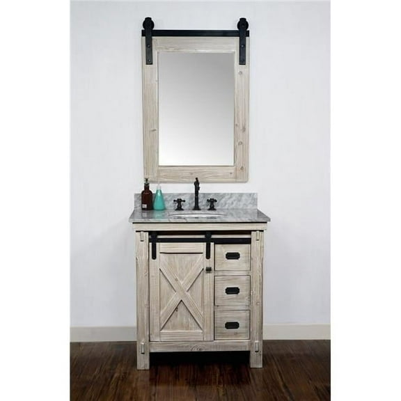 WK8530-CW TOP 30 in. Rustic Solid Fir Barn Door Style Single Sink Vanity with Carrara White Marble Top, Driftwood - No Faucet - 31 x 34.6 x 22 in.