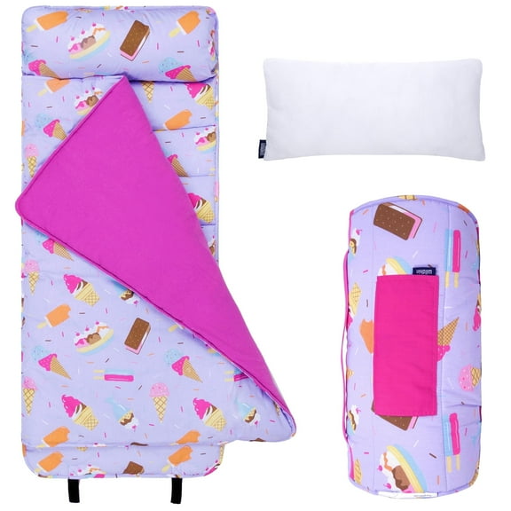 Wildkin Original Nap Mat with Pillow for Boys and Girls, Features Hook and Loop Fastener, Roll-Up Design, Soft Cotton Blend Materials (Sweet Dreams Purple)