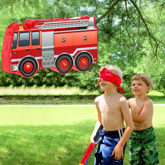 Dserhfy Firetruck Pinata with Stick Blindfold Confetti Small Firefighter Birthday Decoration for Kids Boys Firetruck Theme Birthday Party Supplies
