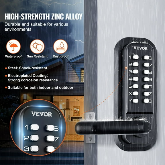 Mechanical Keyless Entry Door Lock with 14-Digit Keypad, Double-Sided Deadbolt, Waterproof Zinc Alloy Keypad & Handle Set for Outdoor Gate, Yard, Garden, Garage - Easy Installation