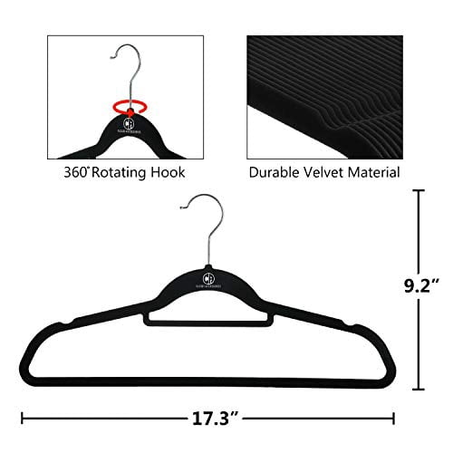 Closet Accessories Velvet Hangers, 50 Pack, Sturdy Heavy Duty Hangers Including Tie Bar, Notches, Rounded Shoulder, and 360° Chrome Hook. (Black)